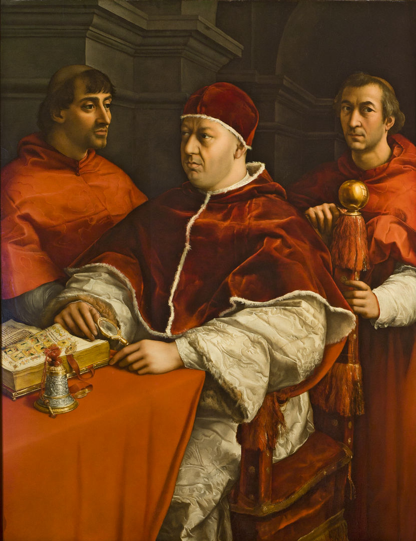 Fig. 2 - Raffaello, Ritratto di Leone X tra i cardinali Giulio de' Medici e Luigi de' Rossi, 1518, Firenze, Galleria degli Uffizi