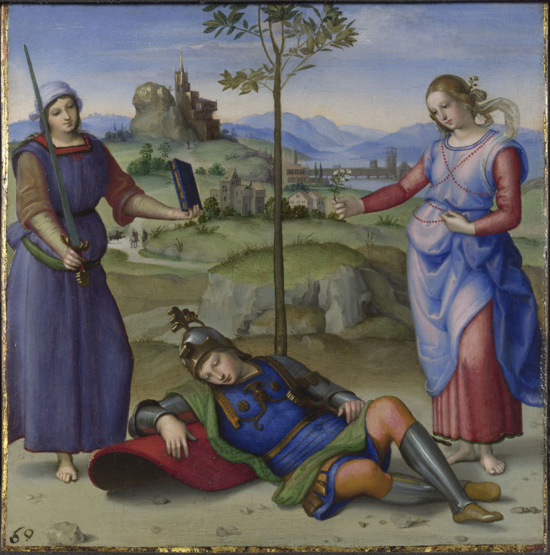 Fig. 17 - Raffaello, Il sogno del cavaliere, 1504, Londra, National Gallery