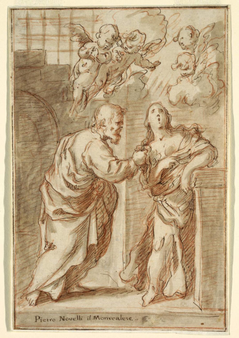 Fig. 16 - Pietro Novelli detto il Monrealese, Sant'Agata in carcere visitata da San Pietro, inchiostro a acquerello su carta, cm. 22,8 x 15,2, New York, CooperHewitt, Smithsonian Design Museum (1634-1635) (Foto cortesia Luigi Agus)
