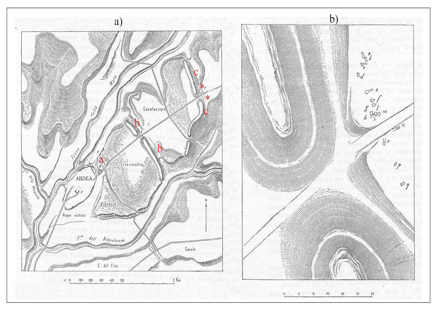 Fig. 9 - a) La necropoli (in asterisco) oltre l'ultimo agger (c ); b) distribuzione schematica delle tombe (da Pasqui 1900). Foto cortesia di Sonia Modica